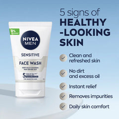Men sensitive face wash tube with 5 signs of healthy-looking skin text and checklist