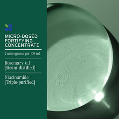 Shampoo concentrate panel noting rosemary oil and niacinamide