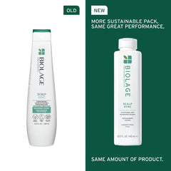 Biolage Scalp Sync anti-dandruff shampoo bottles, white plastic with flip-top caps