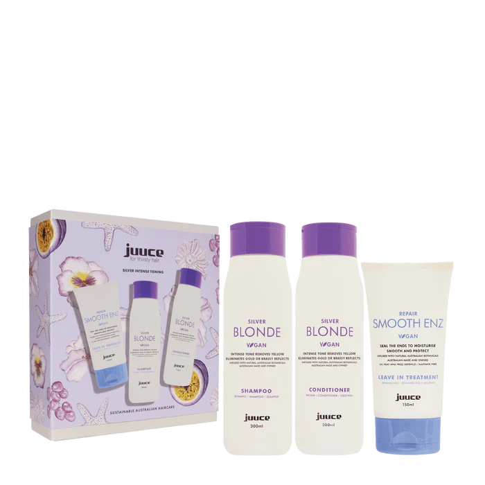 JUUCE hair care trio pack with silver blonde shampoo, conditioner, and repair leave-in