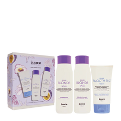 JUUCE hair care trio pack with silver blonde shampoo, conditioner, and repair leave-in