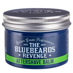 Aftershave balm jar close-up showing Bluebeards Revenge and green Aftershave Balm band