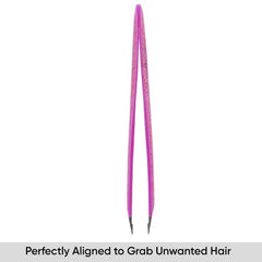 Vega pink glitter slant tip tweezer, front view showing narrow pinched tips