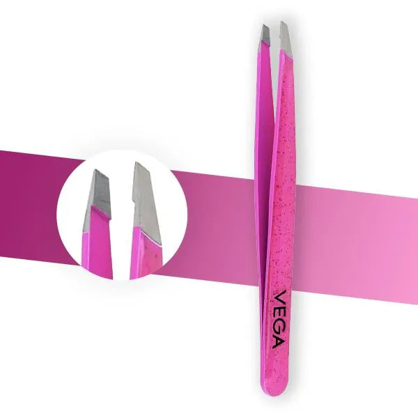 Vega glitter slant tip tweezer with pink handle and metal angled tips