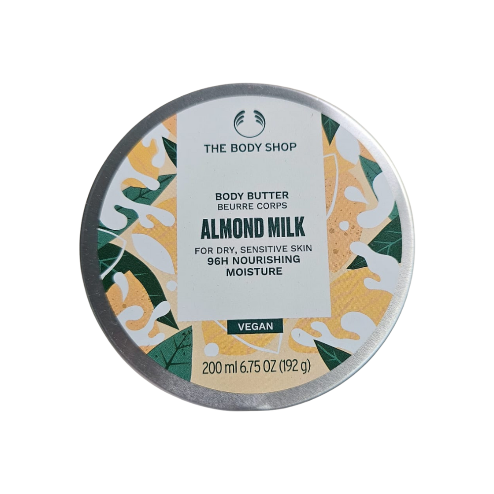 The Body Shop almond milk body butter jar, 200 ml, vegan label