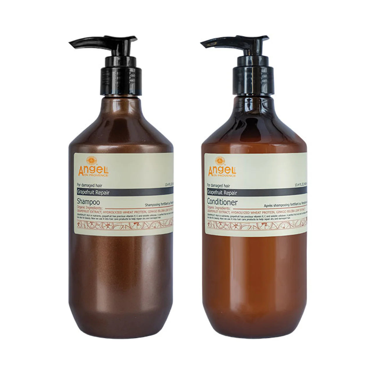 Grapefruit Repair shampoo and conditioner bundle with two amber pump bottles