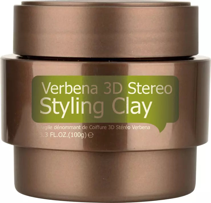 Brown hair styling clay jar with stacked containers and Verbena 3D Stereo label