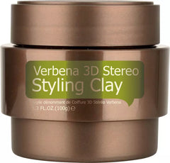 Brown hair styling clay jar with stacked containers and Verbena 3D Stereo label