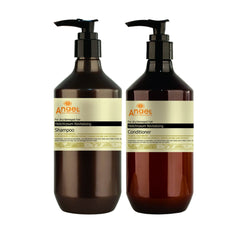 Angel Helichrysum revitalizing shampoo and conditioner bottle set, dark amber