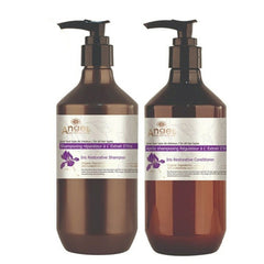 Shampoo and conditioner set with two brown pump bottles and purple orchid labels