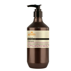 Shampoo bottle with pump dispenser, brown bottle, Angel Rose Elastic Curl label