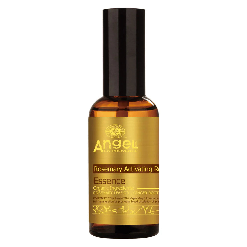 Amber glass rosemary activating essence bottle with black cap