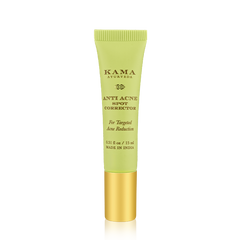 Anti-acne spot corrector tube, lime-green cap and gold bottom, front view
