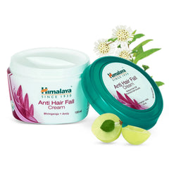 Anti hair fall cream jar with green lid, white body, botanical graphics, 100 ml.