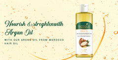 Argan oil hair oil bottle with argan oil label and kernel half