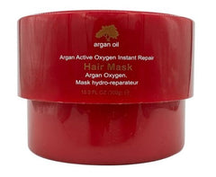 Hair mask jar, red plastic tub with argan oil and instant repair label