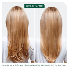 Hair before and after: smooth, straight blonde hair shown from back