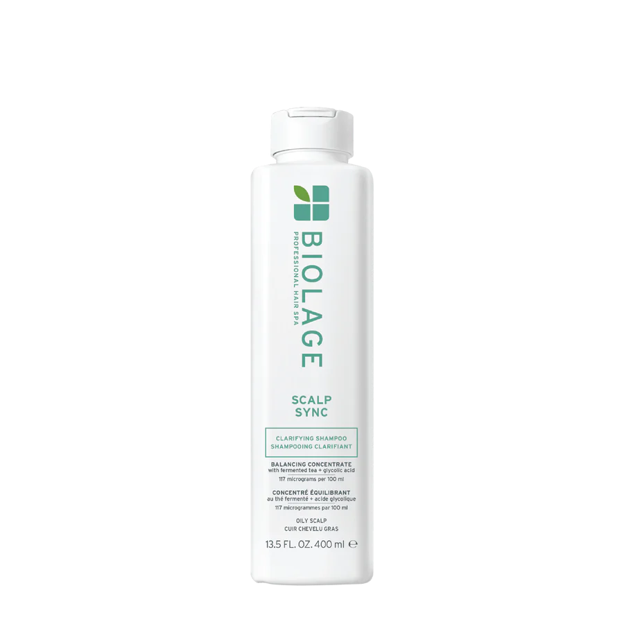 Biolage Scalp Sync clarifying shampoo bottle, white with green label, 400 ml