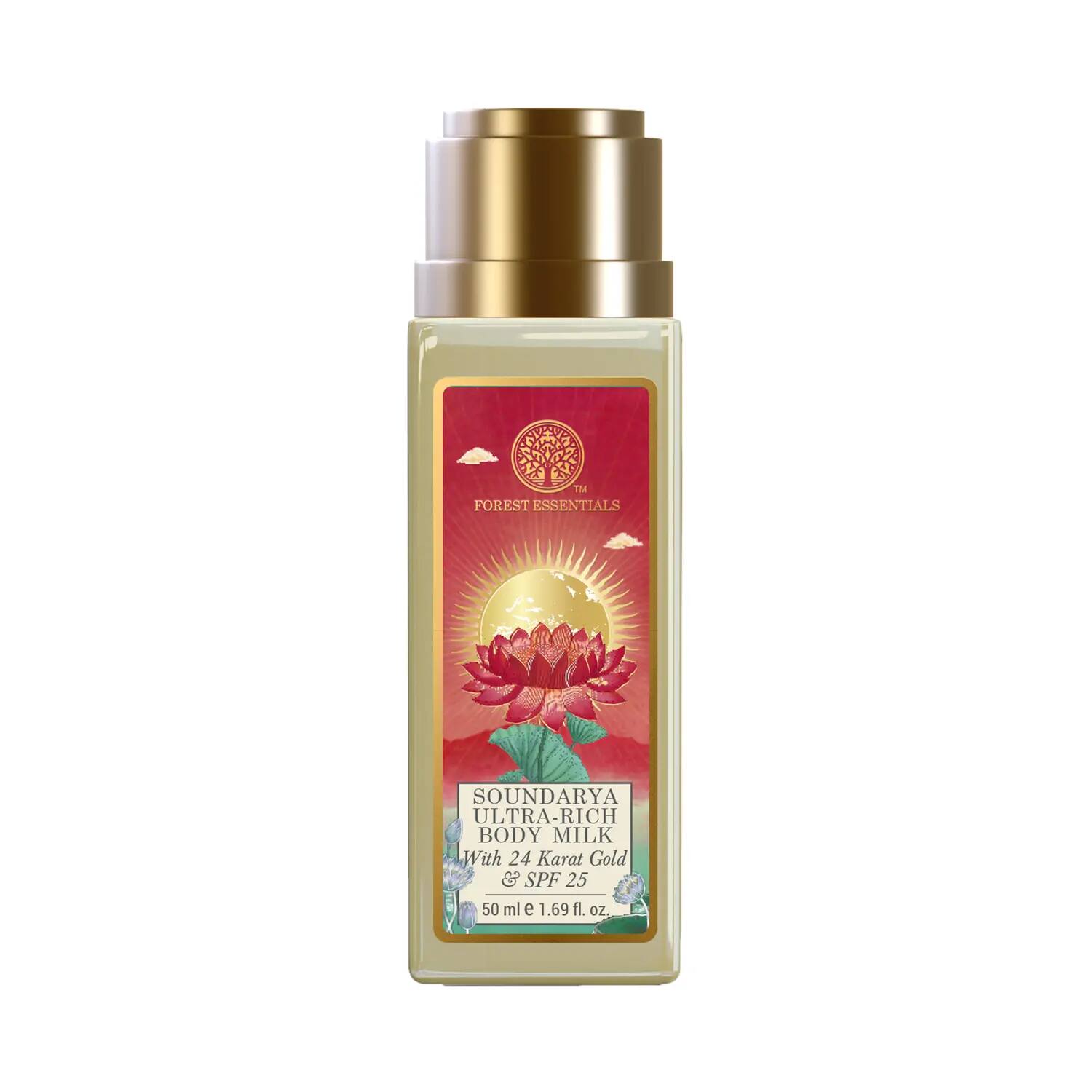 Ultra Rich Body Milk bottle with gold cap and lotus-themed label, SPF25 design