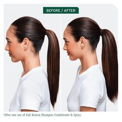 Before-and-after hair volume infographic with ponytail comparison