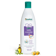 Himalaya baby massage oil bottle with teal cap, white body, purple baby label.