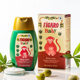 Figaro Baby body lotion bottle and carton, green pump bottle with baby-themed label