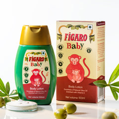 Figaro Baby body lotion bottle and carton, green pump bottle with baby-themed label