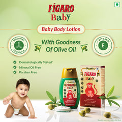 Figaro Baby body lotion bottle and carton with olive oil and Vitamin E badges