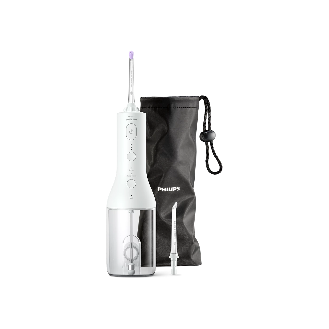 Cordless power flosser with white handle and clear reservoir, with black travel pouch