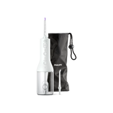 Cordless power flosser with white handle and clear reservoir, with black travel pouch