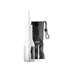 Cordless power flosser with white handle and clear reservoir, with black travel pouch