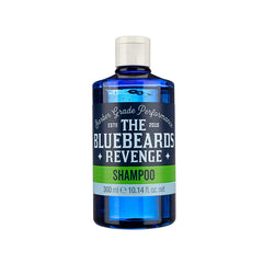 Blue shampoo bottle with white cap and front label reading The Bluebeards Revenge Shampoo, 300 ml