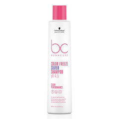 Silver shampoo bottle, white with pink cap, BC Bonacure Color Freeze pH 4.5