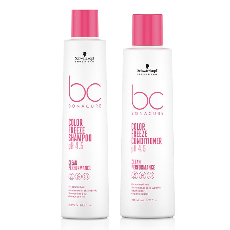 Schwarzkopf BC Bonacure Color Freeze shampoo and conditioner bottles, white with pink caps