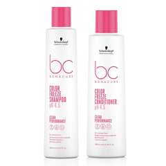 Schwarzkopf BC Bonacure Color Freeze shampoo and conditioner bottles, white with pink caps