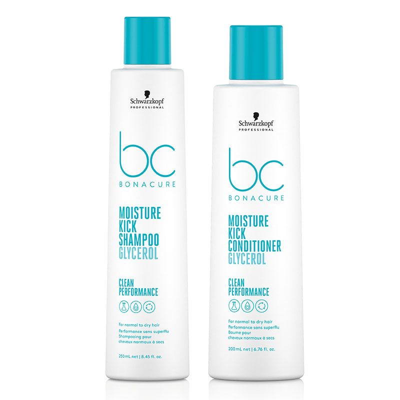 BC Bonacure Moisture Kick shampoo and conditioner bottles, blue caps