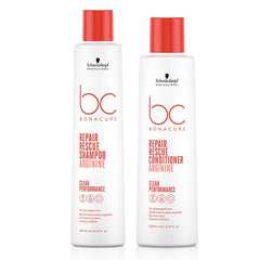 Schwarzkopf BC Bonacure shampoo and conditioner bottles with red caps