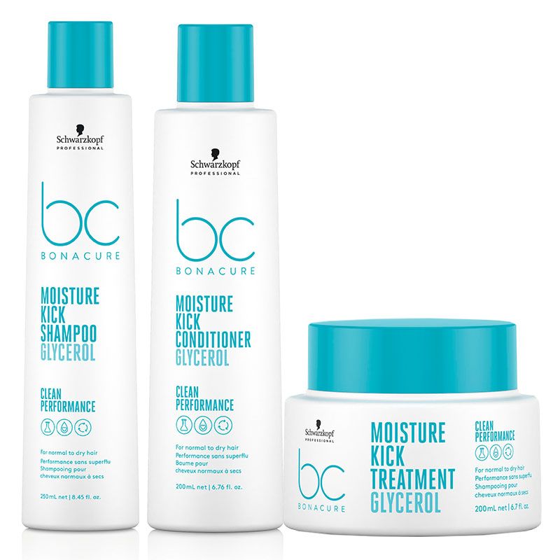 Moisture Kick hair shampoo and conditioner bottles set with turquoise caps