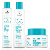 Moisture Kick hair shampoo and conditioner bottles set with turquoise caps