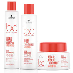 Hair care bundle: Repair Rescue shampoo, conditioner, and treatment jar with red caps