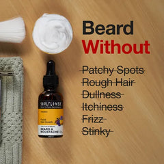 SoulFlower Beard & Moustache Oil bottle with black dropper, shown with white balm.