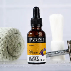 SoulFlower Beard & Moustache Oil bottle with black dropper, amber liquid.