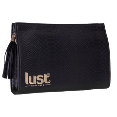 Black zip toiletry pouch with tassel and Lust haircare logo