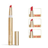 Long-stay matte lipstick with gold casing and red tip, plus capped tube view