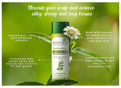 Hair oil benefits infographic with bottle and herbs around it