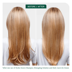 Hair back view showing before and after with Hydra Source leave-in cream
