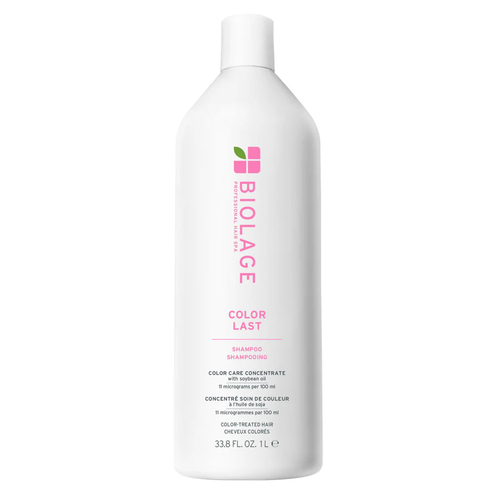 Biolage Color Last shampoo bottle, white with pink and green label