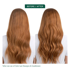 Color Last shampoo before/after on wavy auburn hair from back view