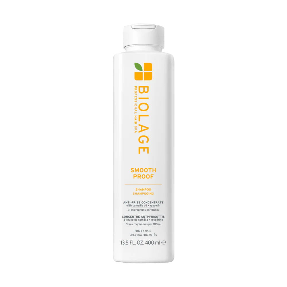 Biolage Smooth Proof Shampoo bottle, white with green and orange logo, 400 mL