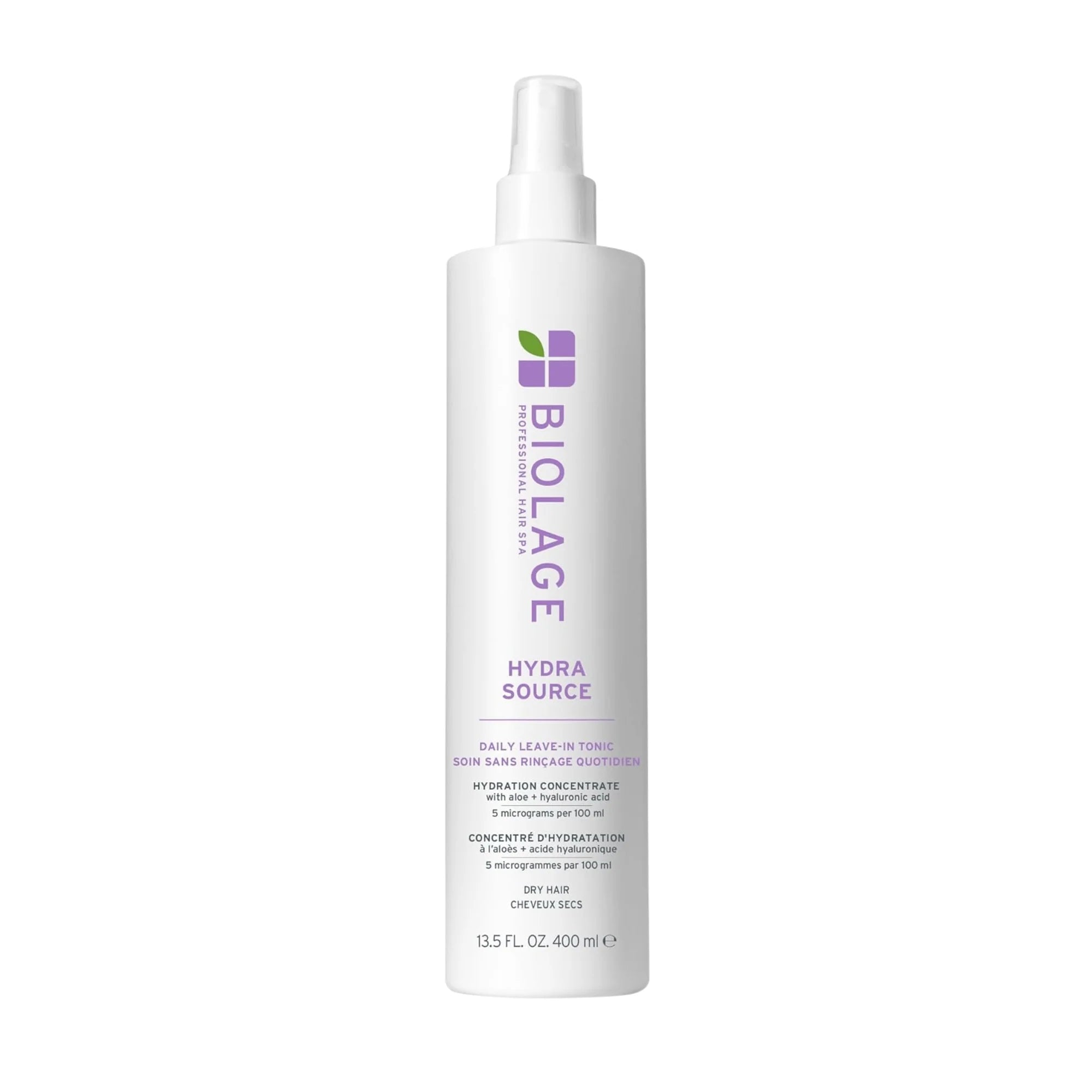 Leave-in hair tonic bottle with pump sprayer, Biolage Hydra Source label on front.